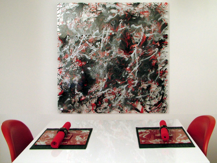 Drip Art painting called Krakatoa, red, silver and black enamels