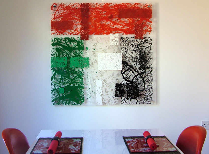 Acrylic drip art painting called forwards in UAE flag colours
