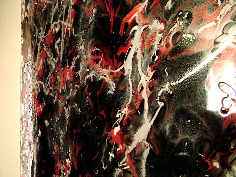 Drip Art painting called Krakatoa, red, silver and black enamels