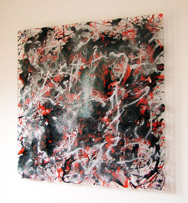 Drip Art painting called Krakatoa, red, silver and black enamels