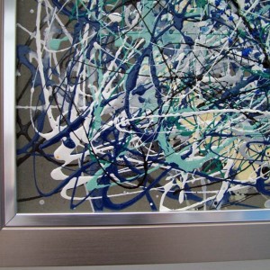 New drip art in blue, cream and white enamel paints